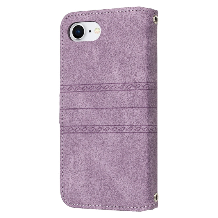 For iPhone 16e Embossed Stripes Skin Feel Leather Phone Case(Light Purple) by bashfashion