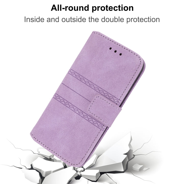 For iPhone 16e Embossed Stripes Skin Feel Leather Phone Case(Light Purple) by bashfashion