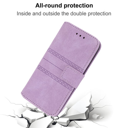For iPhone 16e Embossed Stripes Skin Feel Leather Phone Case(Light Purple) by bashfashion