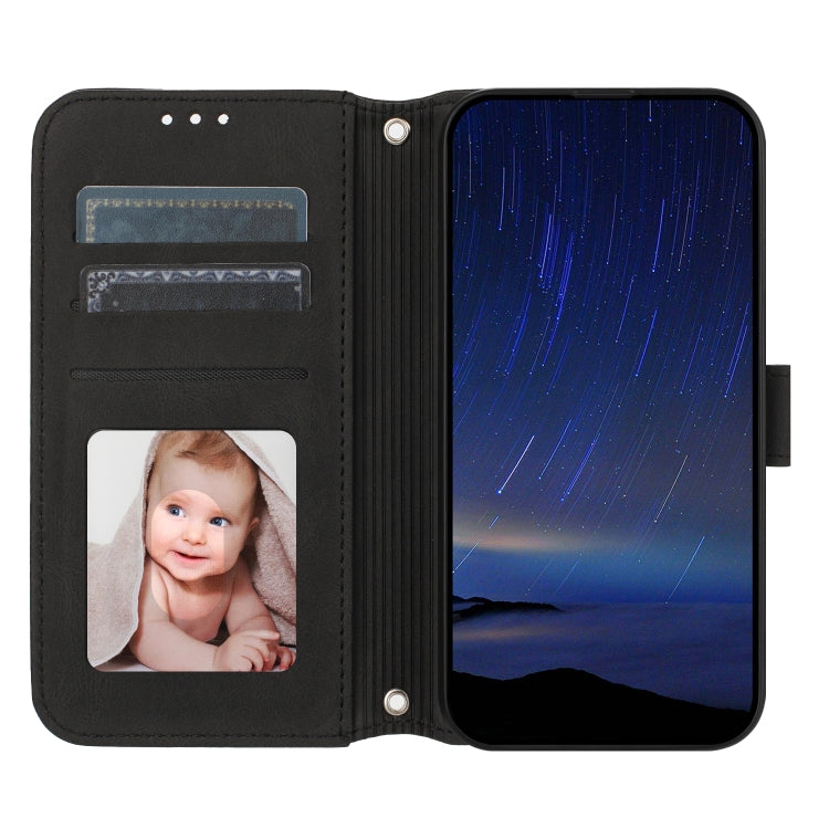 For iPhone 16e Embossed Stripes Skin Feel Leather Phone Case(Black) by bashfashion