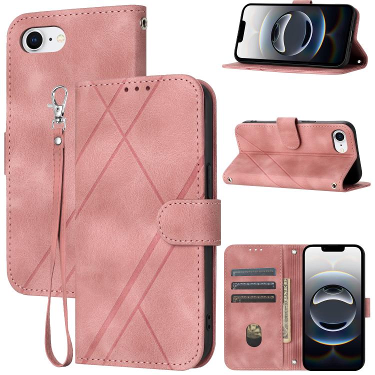 For iPhone 16e Embossed Line Leather Phone Case with Lanyard(Pink) by bashfashion