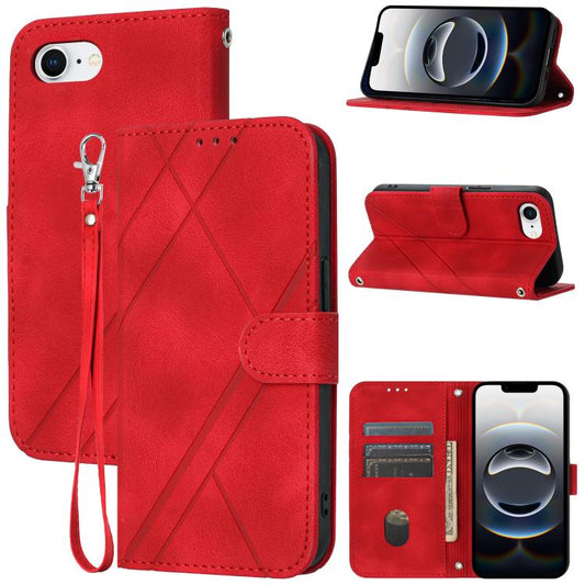For iPhone 16e Embossed Line Leather Phone Case with Lanyard(Red) by bashfashion