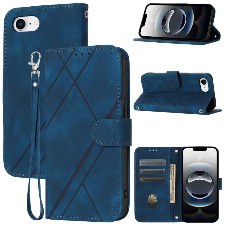 For iPhone 16e Embossed Line Leather Phone Case with Lanyard(Blue) by bashfashion