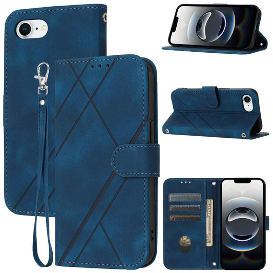 For iPhone 16e Embossed Line Leather Phone Case with Lanyard(Blue) by bashfashion