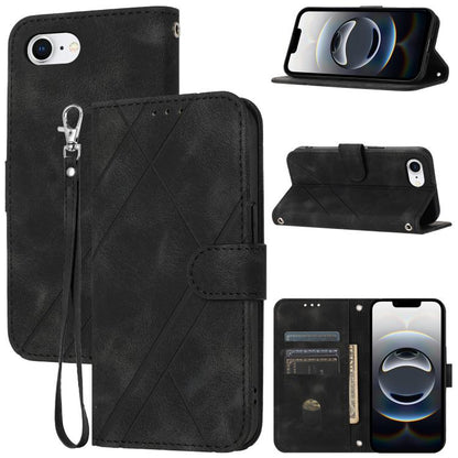For iPhone 16e Embossed Line Leather Phone Case with Lanyard(Black) by bashfashion