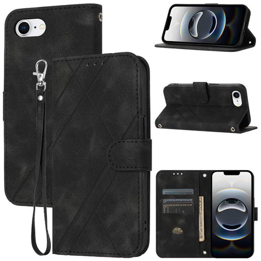 For iPhone 16e Embossed Line Leather Phone Case with Lanyard(Black) by bashfashion