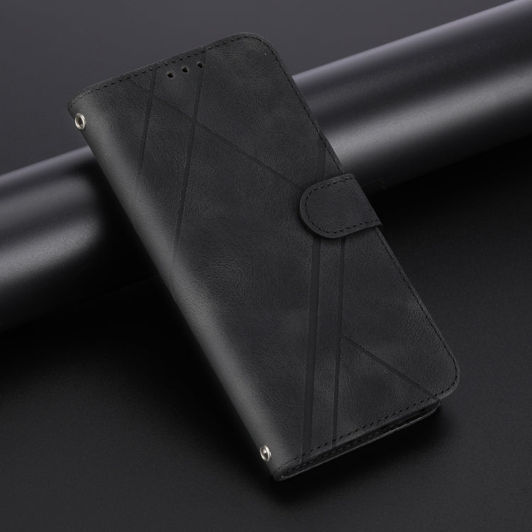 For iPhone 16e Embossed Line Leather Phone Case with Lanyard(Black) by bashfashion