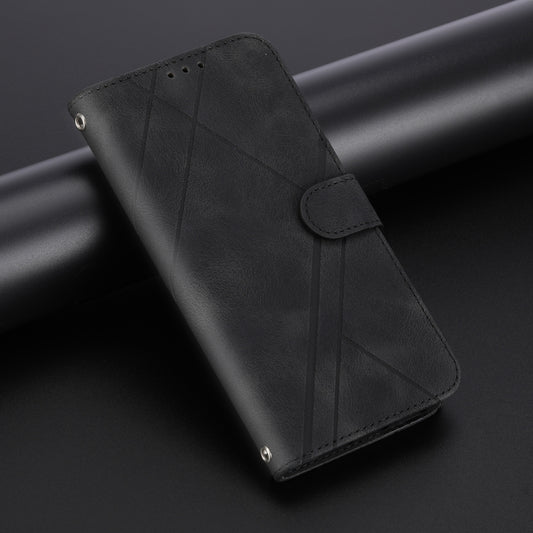 For iPhone 16e Embossed Line Leather Phone Case with Lanyard(Black) by bashfashion