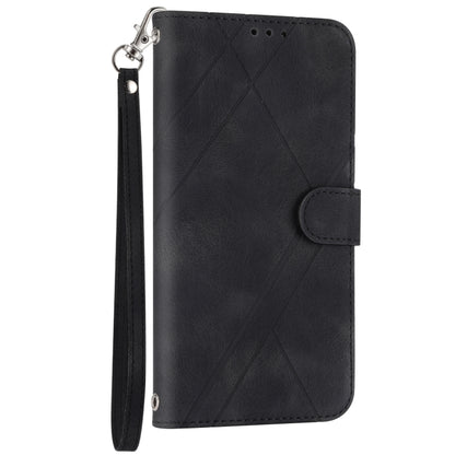 For iPhone 16e Embossed Line Leather Phone Case with Lanyard(Black) by bashfashion