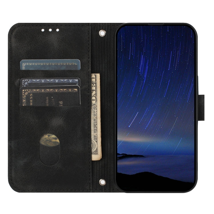 For iPhone 16e Embossed Line Leather Phone Case with Lanyard(Black) by bashfashion