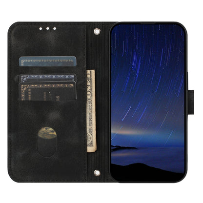 For iPhone 16e Embossed Line Leather Phone Case with Lanyard(Black) by bashfashion