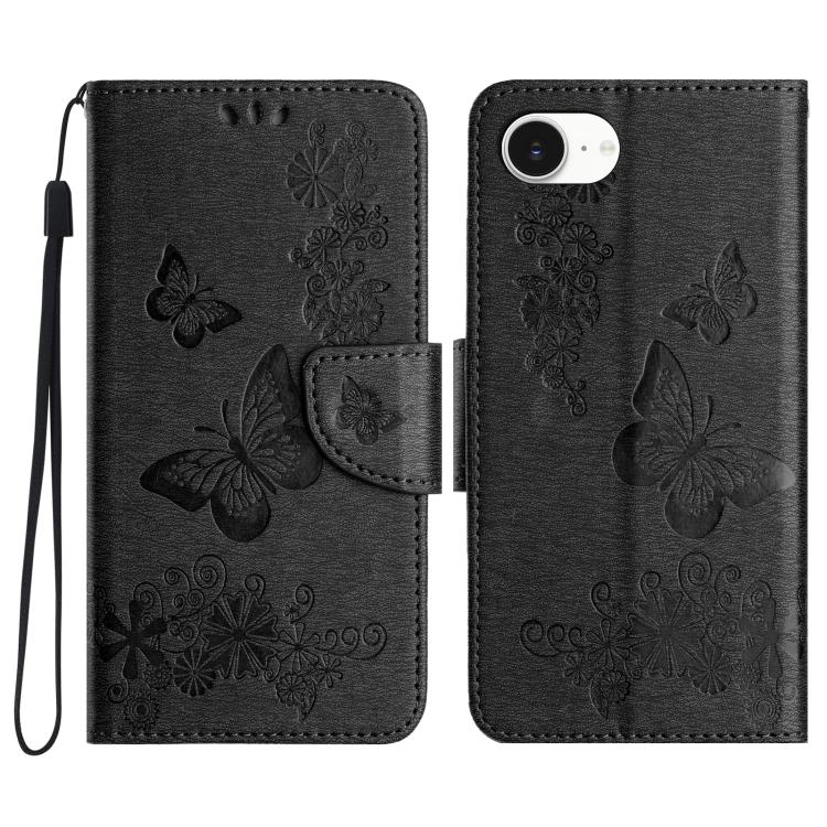 For iPhone 16e Butterfly Embossed Flip Leather Phone Case(Black) by bashfashion