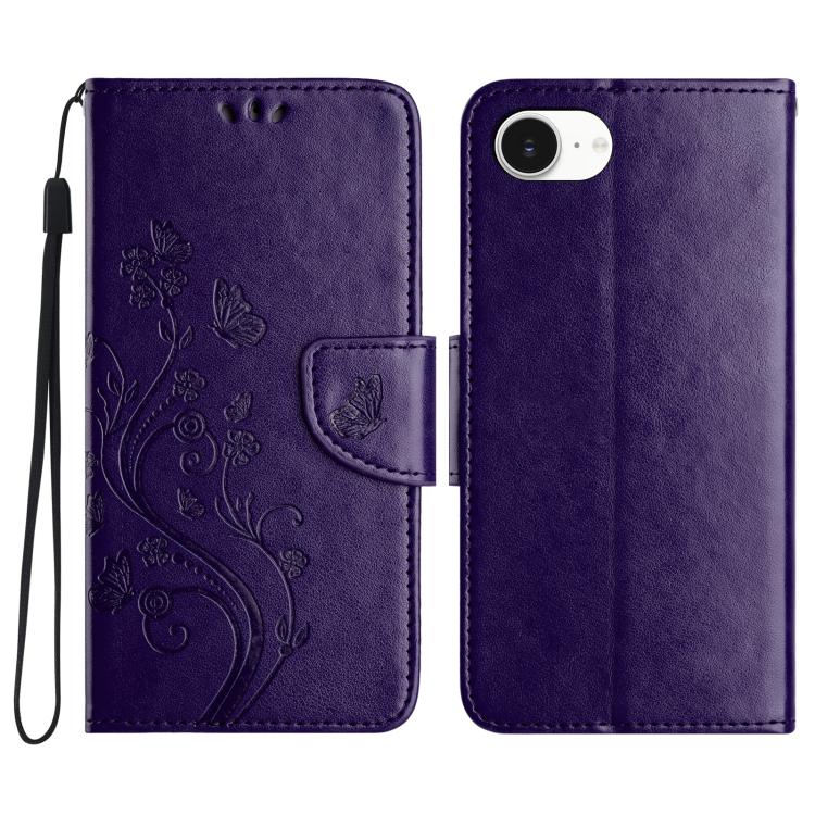 For iPhone 16e Butterfly Flower Pattern Flip Leather Phone Case(Dark Purple) by bashfashion