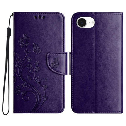 For iPhone 16e Butterfly Flower Pattern Flip Leather Phone Case(Dark Purple) by bashfashion