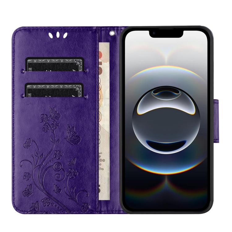 For iPhone 16e Butterfly Flower Pattern Flip Leather Phone Case(Dark Purple) by bashfashion