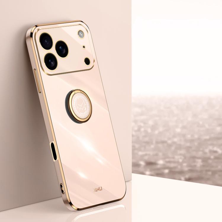 For iPhone 17 Pro XINLI Straight Edge 6D Electroplate TPU Phone Case with Ring Holder(Pink) by XINLI