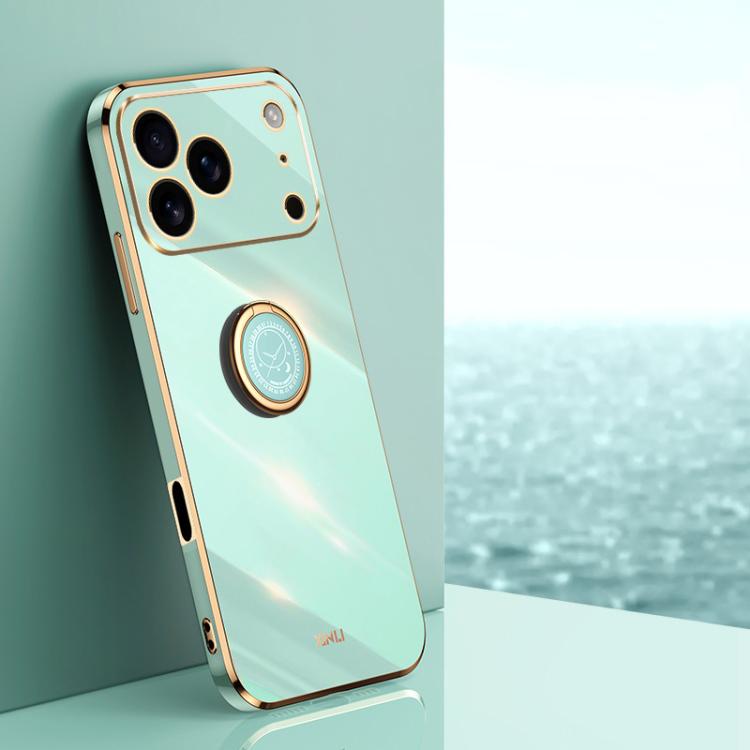 For iPhone 17 Pro XINLI Straight Edge 6D Electroplate TPU Phone Case with Ring Holder(Mint Green) by XINLI
