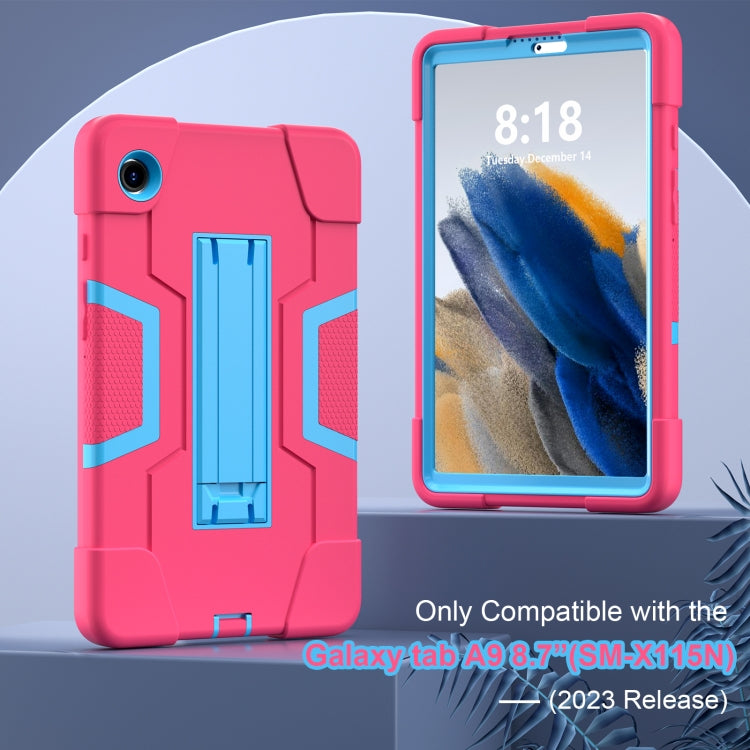 For Samsung Galaxy Tab A9 Contrast Color Silicone PC Tablet Case with Holder(Rose Red + Blue) by bashfashion