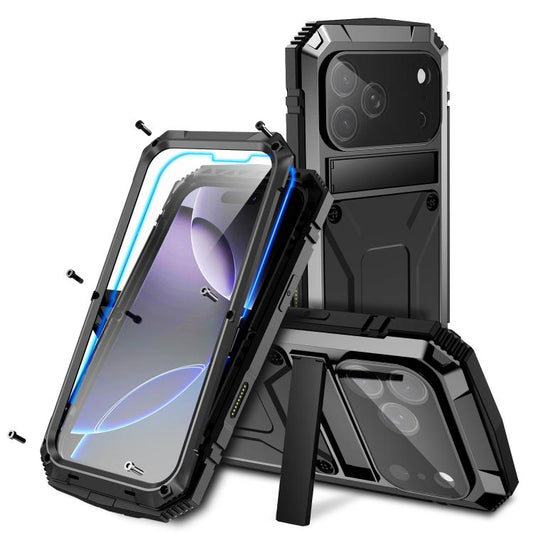 For iPhone 17 Pro Max R-JUST Metal + Silicone + Tempered Glass Life Waterproof Phone Case with Holder(Black) by R-JUST
