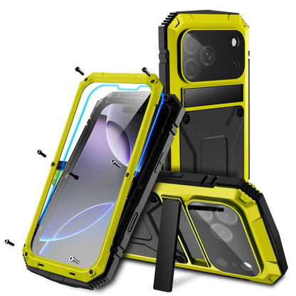 For iPhone 17 Pro Max R-JUST Metal + Silicone + Tempered Glass Life Waterproof Phone Case with Holder(Yellow) by R-JUST