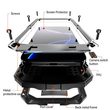 For iPhone 17 Pro Max R-JUST Metal + Silicone + Tempered Glass Life Waterproof Phone Case with Holder(Silver) by R-JUST