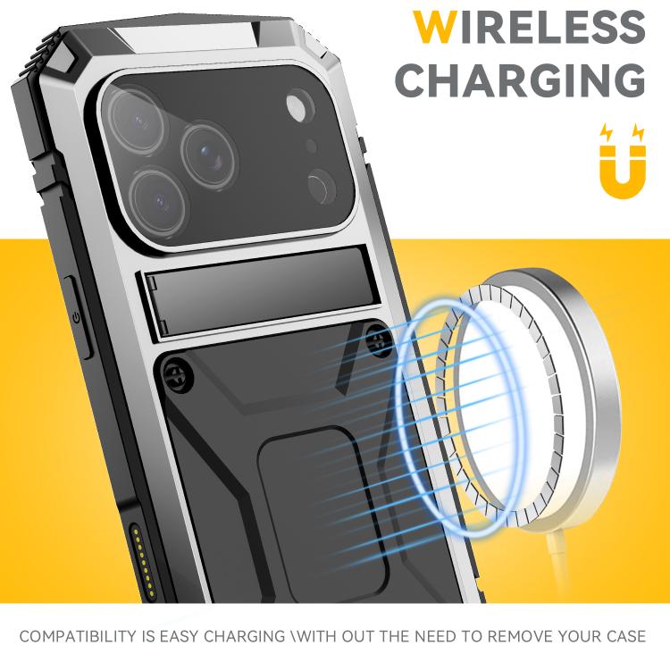 For iPhone 17 Pro Max R-JUST Metal + Silicone + Tempered Glass Life Waterproof Phone Case with Holder(Silver) by R-JUST