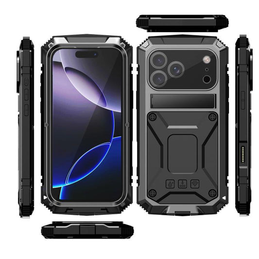 For iPhone 17 Pro R-JUST Metal + Silicone + Tempered Glass Life Waterproof Phone Case with Holder(Black) by R-JUST