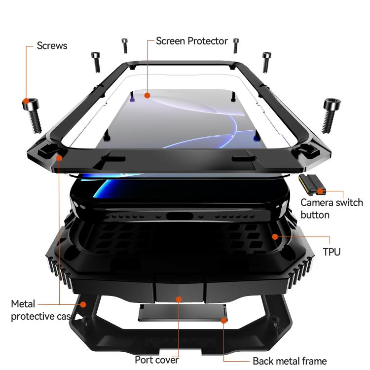 For iPhone 17 Pro R-JUST Metal + Silicone + Tempered Glass Life Waterproof Phone Case with Holder(Black) by R-JUST