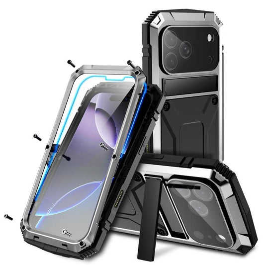 For iPhone 17 Pro R-JUST Metal + Silicone + Tempered Glass Life Waterproof Phone Case with Holder(Silver) by R-JUST