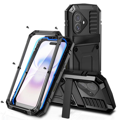 For iPhone 17 R-JUST Metal + Silicone + Tempered Glass Life Waterproof Phone Case with Holder(Black) by R-JUST