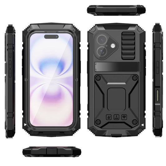 For iPhone 17 R-JUST Metal + Silicone + Tempered Glass Life Waterproof Phone Case with Holder(Black) by R-JUST