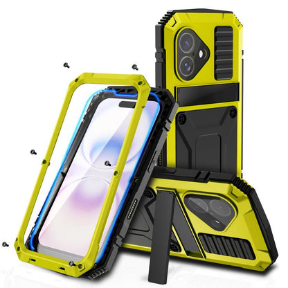 For iPhone 17 R-JUST Metal + Silicone + Tempered Glass Life Waterproof Phone Case with Holder(Yellow) by R-JUST