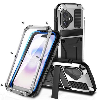 For iPhone 17 R-JUST Metal + Silicone + Tempered Glass Life Waterproof Phone Case with Holder(Silver) by R-JUST