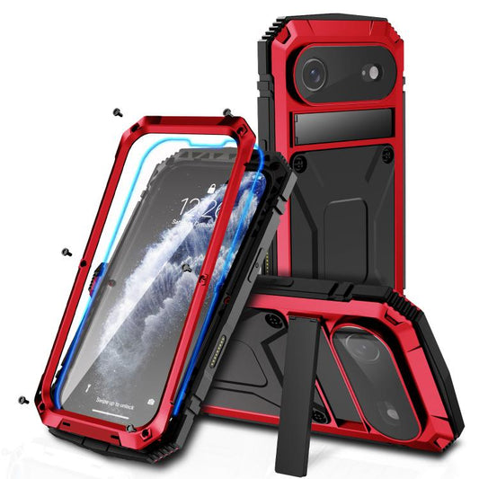 For iPhone Air R-JUST Metal + Silicone + Tempered Glass Life Waterproof Phone Case with Holder(Red) by R-JUST
