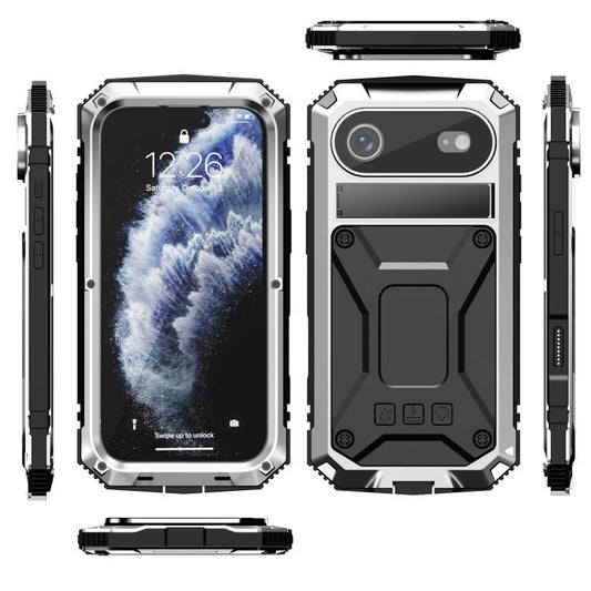 For iPhone Air R-JUST Metal + Silicone + Tempered Glass Life Waterproof Phone Case with Holder(Silver) by R-JUST