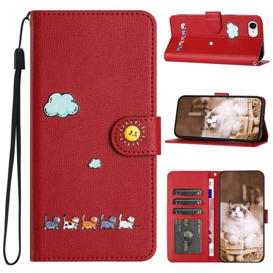 For iPhone 16e Cartoon Cats Leather Phone Case(Red) by bashfashion