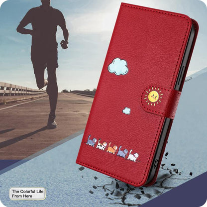 For iPhone 16e Cartoon Cats Leather Phone Case(Red) by bashfashion