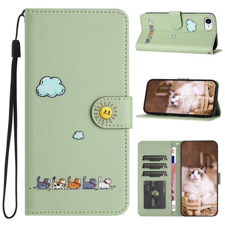 For iPhone 16e Cartoon Cats Leather Phone Case(Green) by bashfashion