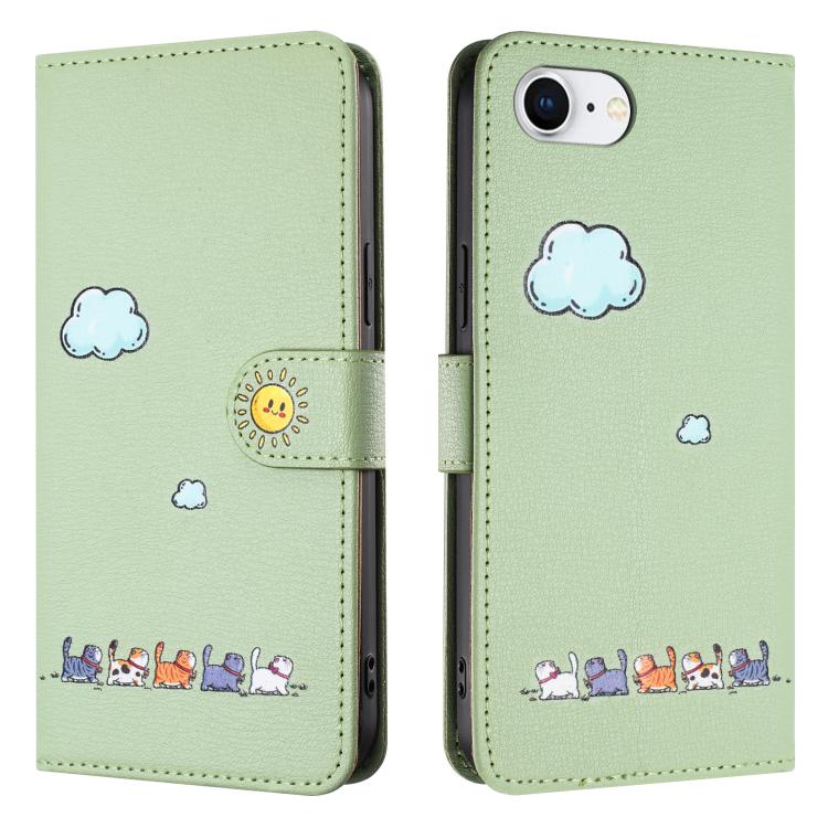 For iPhone 16e Cartoon Cats Leather Phone Case(Green) by bashfashion