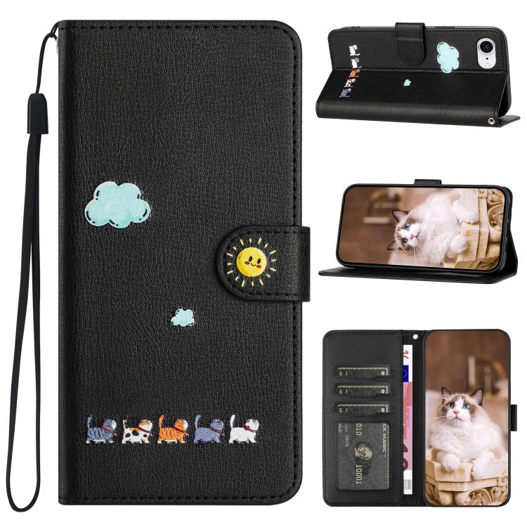 For iPhone 16e Cartoon Cats Leather Phone Case(Black) by bashfashion