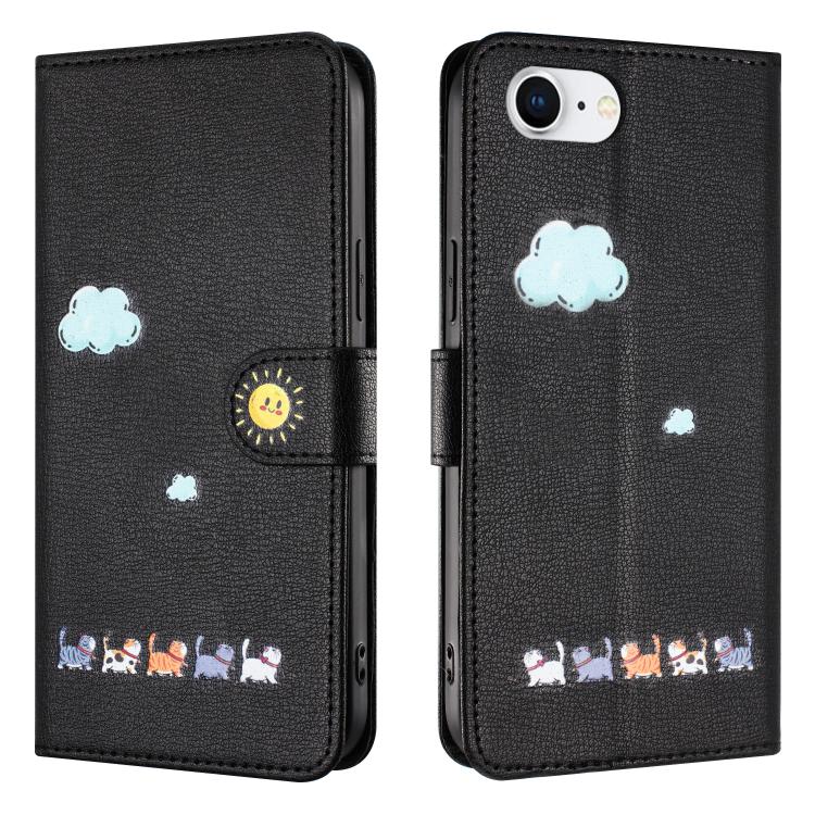 For iPhone 16e Cartoon Cats Leather Phone Case(Black) by bashfashion