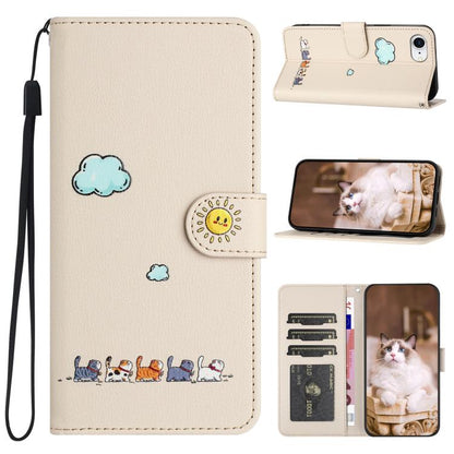 For iPhone 16e Cartoon Cats Leather Phone Case(Beige White) by bashfashion