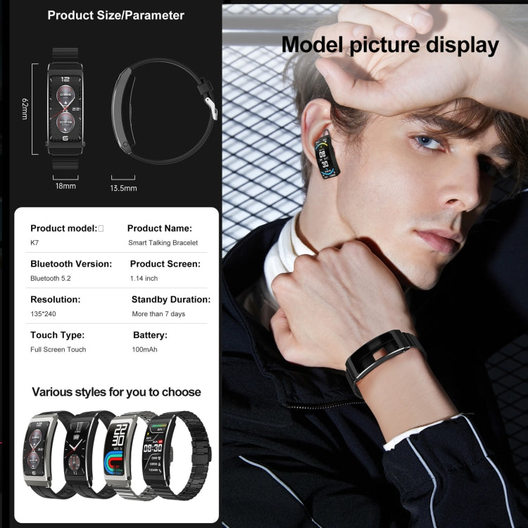 K7 1.14 inch TFT Screen Smart Call Bracelet, BT Call / Heart Rate / Blood Pressure / Blood Oxygen, Strap:Steel Strap(Black) by bashfashion