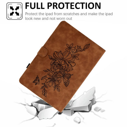 For Samsung Galaxy Tab A11+ / A9+ Peony Butterfly Embossed Leather Smart Tablet Case(Brown) by bashfashion