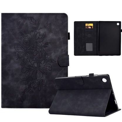 For Samsung Galaxy Tab A11+ / A9+ Peony Butterfly Embossed Leather Smart Tablet Case(Black) by bashfashion