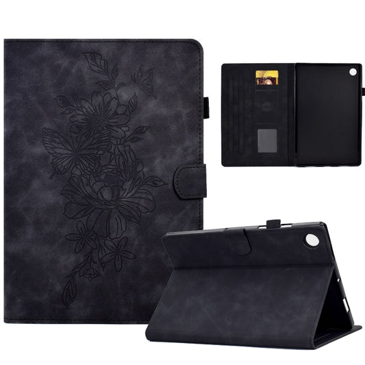 For Samsung Galaxy Tab A11+ / A9+ Peony Butterfly Embossed Leather Smart Tablet Case(Black) by bashfashion