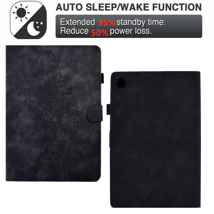 For Samsung Galaxy Tab A11+ / A9+ Peony Butterfly Embossed Leather Smart Tablet Case(Black) by bashfashion