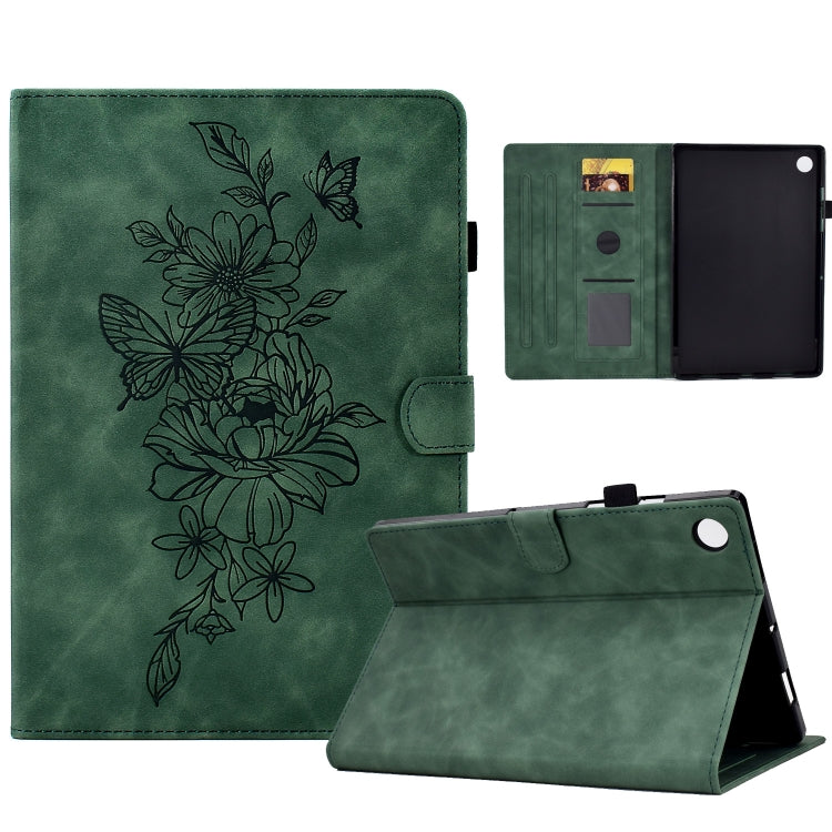 For Samsung Galaxy Tab A11 / A9 Peony Butterfly Embossed Leather Smart Tablet Case(Green) by bashfashion