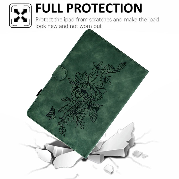 For Samsung Galaxy Tab A11 / A9 Peony Butterfly Embossed Leather Smart Tablet Case(Green) by bashfashion