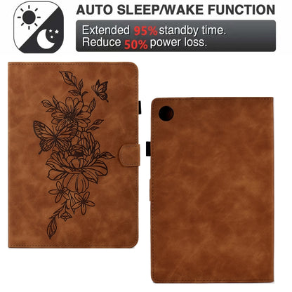 For Samsung Galaxy Tab A11 / A9 Peony Butterfly Embossed Leather Smart Tablet Case(Brown) by bashfashion